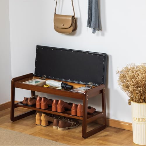 SOBIBO Solid Wood Shoe Rack Bench with Flip-Top Storage, Black, 31.5"