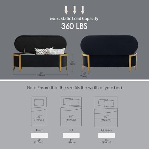 Hyfirm 48" Velvet Storage Bench with Gold Legs, Black