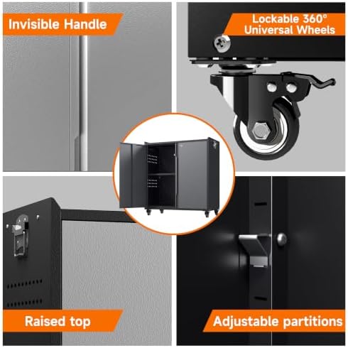 Metal Garage Storage Cabinet with Locking Doors and Adjustable Shelves,34.3" H Small Rolling Tool Storage Cabinet,Lockable Metal Tool Cabinet on Wheels for Garage, Warehouse, Barbershop-Black Gray