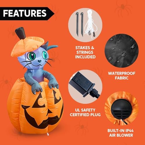 Joiedomi 5 FT Animated Pumpkin Inflatables, Outdoor Blow Up Cat On Pumpkin with LEDs for Yard, Outdoor Inflatable Halloween Decorations, Blow Up Halloween Decor for Outside