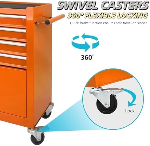 4 Drawers Tool Chest on Wheels, Multifunctional Rolling Tool Cart Tool Storage with 1 Cabinet, Drawers Rolling Tool Box Organizer for Garage, Warehouse, Workshop, Repair Shop (4 Drawers-Orange)