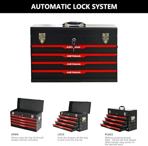 4 Drawer 21" Heavy Duty Metal Tool Box Portable Tool Chest with Metal Latch Closure & Security Key Lock, Top Storage Tray Toolbox with EVA Liners for Workbench, Garage & Warehouse (Black&Red)