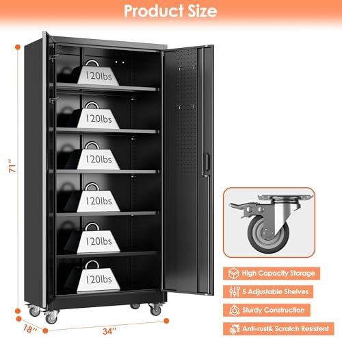 Metal Garage Storage Cabinet with Wheels and Pegboard Doors