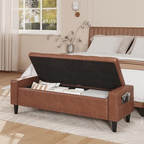 60" Storage Ottoman Bench, Faux Leather Upholstered Bed Bench, Brown
