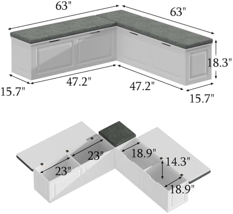 L Shape Storage Bench, Kitchen Breakfast Nook Bench, Backless Corner Bench Nook with Storage, Shoe Benches with Cushion for Entryway Cloakroom, White and Grey, 63”D x 63”W x 18.3”H