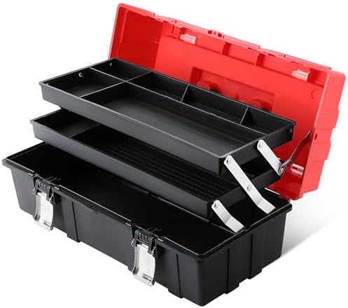 MAXPOWER 16-Inch Tool Box, Three-Layer Folding Plastic Storage Toolbox, Multi-Function Organizer with Tray and Dividers, Tools Box with Stainless Steel Lock
