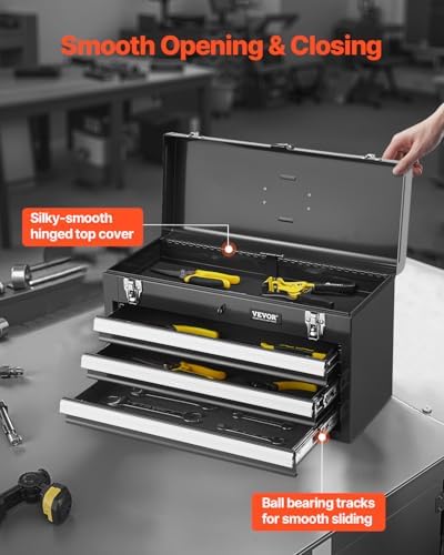 VEVOR Metal Tool Box, 20.5-inch, Portable Metal Tool Box with 3 Drawers, Small Tool Chest with EVA Liners, Ball Bearing Slide Drawers Locking & Powder Coated Finish, Multi-Function Tool Organizer