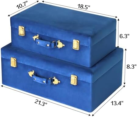 HofferRuffer Velvet Storage Trunks with Wood Frame, Set of 2 Storage Chests with Handles, Bedroom Organizer Nesting Upholstered Decorative Boxes Hinged Lid with Gold Hardware Accents (Blue Trunks)