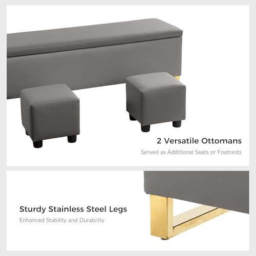60" Leather Storage Bench with Throw Ottomans, Large Modern Flip Top End of Bed Benches King Size, Upholstered Footrest Stool with Gold Legs for Living, Bedroom, Entryway and Hallway, Grey