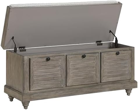 OSP Home Furnishings Dover Coastal Lift-Top Storage Bench with Shutter Face Styling, Goldstone Finish with Salt and Pepper Cushion