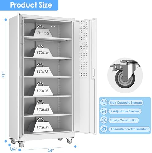 71"H rolling steel cabinet with 5 adjustable shelves, pegboard,White