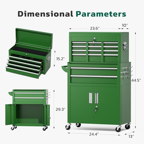 Greenvelly 8-Drawer Tool Chest with Wheels, Pre-Assembled Rolling Tool Chest, Detachable Top Tool Box, Lockable Design, Comes with Drawer Liners & Side Hooks for Garage Workshop Repair Room (Green)