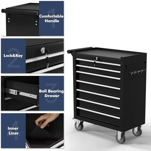 7-Drawer Tool Chest,Rolling Tool Cart with Wheels,High Capacity Tool Cabinet with Locking System for Garage, Warehouse, Workshop-Black
