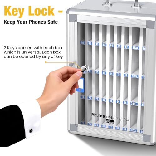 Glosen 36 Slots Cell Phone Storage Locker for Classroom, Portable Phone Locker with Key Lock & Handle, Wall Mounted Phone Lock Box for Office & School, Fits Most Smartphones (Silver)
