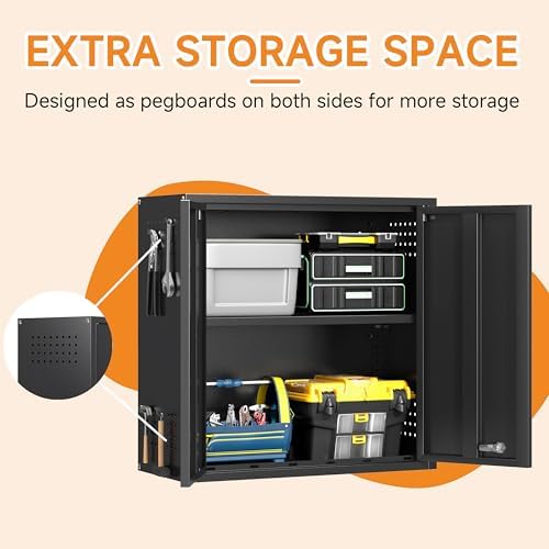 Metal Garage Wall Cabinet with 2 Doors and 1 Adjustable Shelf,Lockable Floating Tool Cabinet with Pegboard,Black Steel Storage Cabinet for Kitchen,Office,Garage,Laundry,Warehouse(Black, 26" H)
