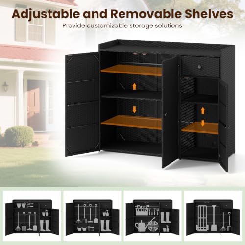 Tangkula Rattan Outdoor Storage Cabinet with 2 Adjustable Shelves