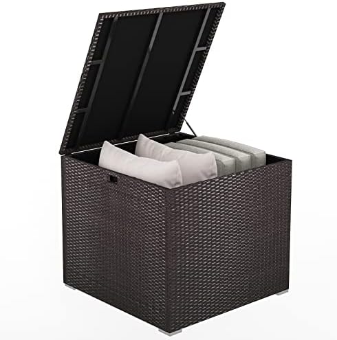HAPPYGRILL Outdoor Storage Deck Box, 72 Gallon Square Wicker Patio Rattan Storage Container with Zippered Liner & Safe Pneumatic Rod, Outdoor Wicker Deck Box for Garden Tools Cushions