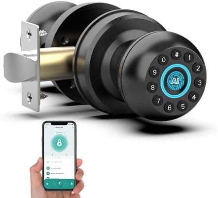 Anweller Smart Door Knob with Lock, Fingerprint Code Keypad Keyless Entry Electronic Digital Biometric Bluetooth App Control Doorknob for Bedroom Interior Apartment Garage - Black