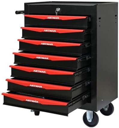 Heavy Duty 7-Drawer Rolling Tool Chest, Key Lock Tool Storage Cabinet with Lockable Casters & Drawer Liners, Mobile Tool Organizer Cart for Garage Workshop Warehouse Repair Shop (Black)