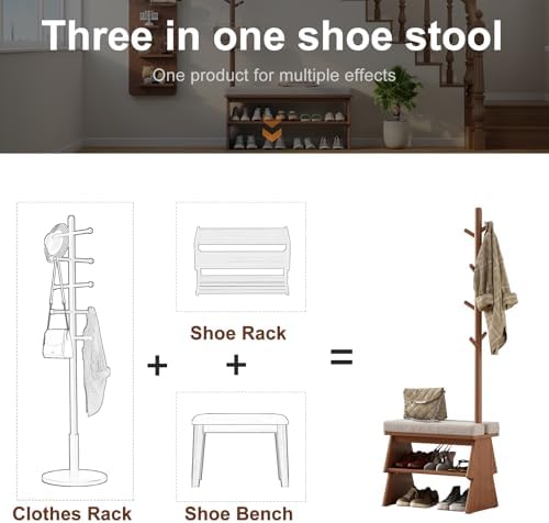 Coat Rack with Shoe Storage, Shoe Rack with 8 Hook, Walnut
