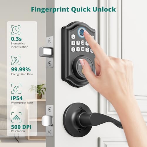 AkaGear Fingerprint Keyless Entry Door Lock with Lever Handle Set, Black