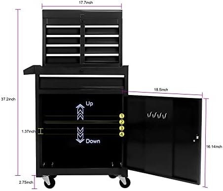 5 Drawer Rolling Tool Chest with Wheels, Tool Storage Cabinet & Tool Box Cart, Snap on Tool Chest with Drawers and Bottom Cabinet and Adjustable Shelf Organizer for Garage Warehouse Workshop - Black