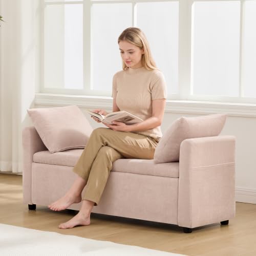 51" End of Bed Storage Bench, Upholstered Chenille Storage Ottoman for Bedroom, Living Room, Entryway, with Arms and 2 Pillows(Pink)