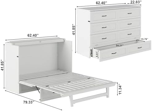 AFI, Alpine Queen Wood Murphy Bed Chest with 6" Mattress, Storage Drawer & Built-in USB Charger, White