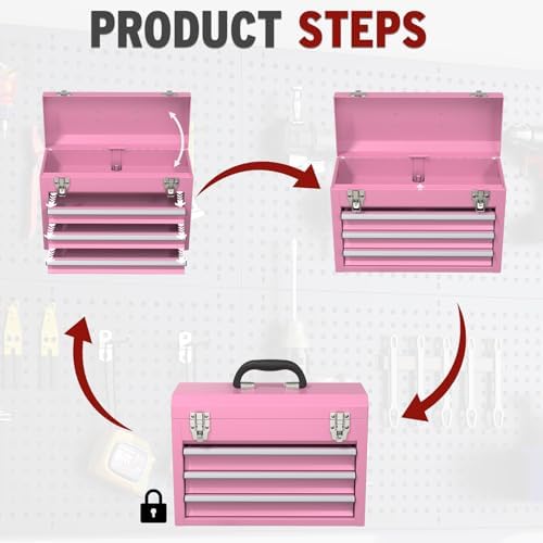 3 Drawers small Tool Box, Portable 3 Drawer Steel Tool Box with Locking System toolbox organization with Liner for Tools Storage (Pink)