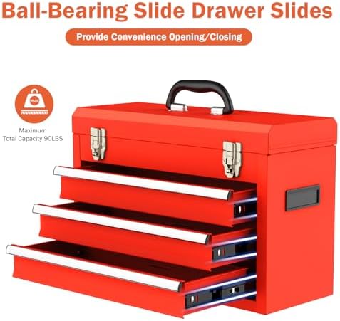 3 Drawer Metal Tool Box, Heavy Duty Steel Tool Chest with Ball Bearing Drawers, Portable Metal Toolbox with EVC Liners and Latches Closure, Powder Coated Tool Storage for Garage, Workbench & Home
