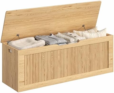 Akxomel 51.2" Fluted Storage Chest Wooden Storage Trunk 2 Safety Hinges Oak