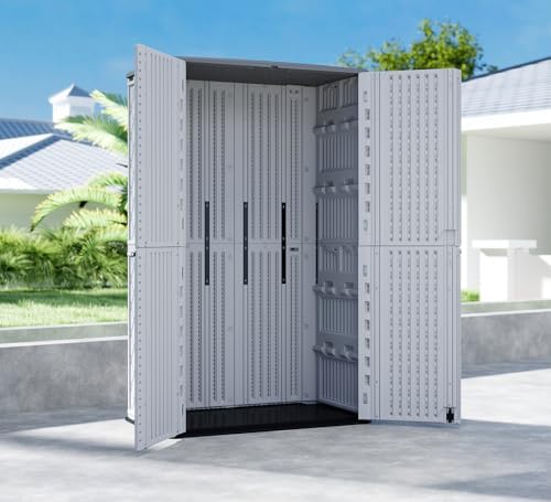 HOMSPARK Storage Shed Weather Resistance, Multi-Purpose Outdoor Storage Cabinet for Backyards and Patios, Horizontal Storage Shed for Lawnmower, Patio Accessories (White, Tall - 53 cu.ft)