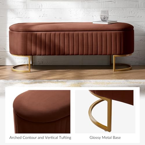 EcoHarbor Living 50.5" Storage Bench Velvet Bedroom Ottoman,Upholstered End of Bed Bench with Gold Legs,Flipping Lid Entryway Footrest, Burn Brick