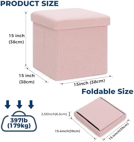 Folding Storage Ottoman Bench, 15 Inch Boucle Small Ottoman Foot Rest for Couch, End of Bed Bench with 397 lb Capacity, Storage Chest for Living Room, Bedroom, Entryway Pink