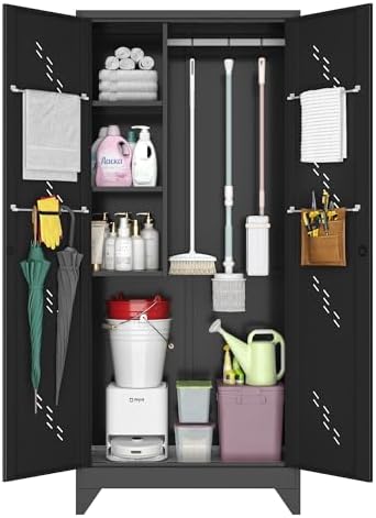 Metal Storage Cabinet, 75" Cleaning Tool Cabinet with Locking Door, Tall Storage Sheds Tool Organizer, Large Broom Cabinet for Bathroom, Laundry Room, Kitchen, Pantry, and Humid Environments