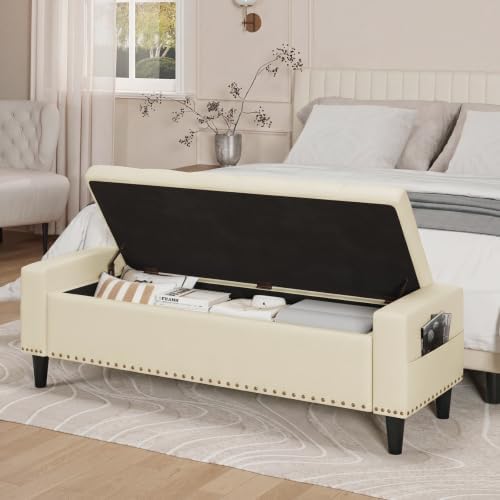 60" Storage Ottoman Bench, Faux Leather Upholstered Bed Bench, Cream White