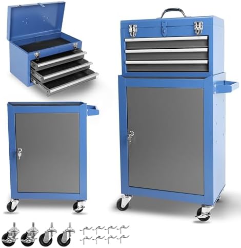 Henf Rolling Tool Storage Cabinet with Detachable Tool Box, 3-Drawer Steel Organizer, Adjustable Shelf, Wheels for Garage