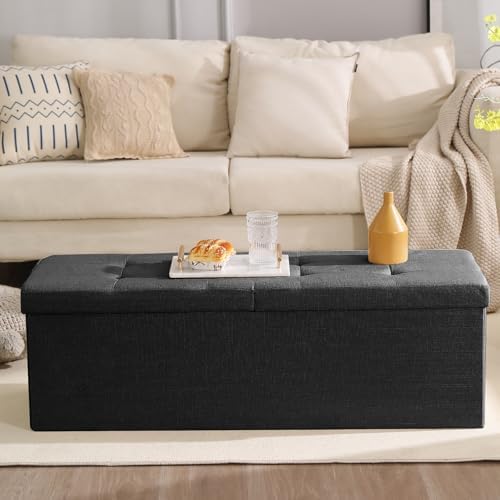 Storage Ottoman Bench Foldable Footrest Foot Stool, 45" Fabric Black
