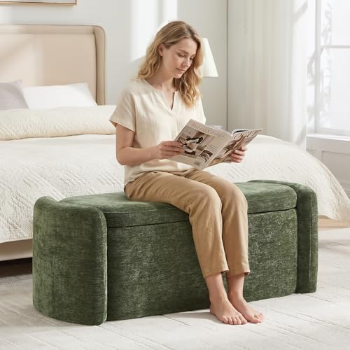 Oval Ottoman Bench with 20 Gal of Storage Space Upholstered Chenille Seat End of Bed Storage Bench Storage Ottoman with Storage for Bedroom, Living Room, Entryway, Window(Green)