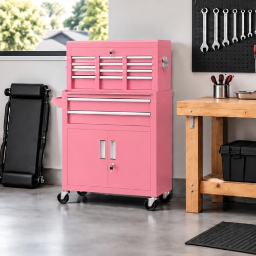 Bonusall Rolling Tool Chest with Wheels, 8 Drawer Metal Tool Cart with Portable Tool Box and Work Bench, Assembled Tool Chest with Drawer and Hooks for Garage, Workshop, Warehouse - Pink