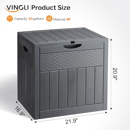 VINGLI 33 Gallon Weatherproof Lockable Outdoor Storage Box (Grey)
