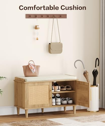 Akxomel 31.5" Rattan Shoe Storage Bench 2 Doors Wooden Entryway Bench Oak