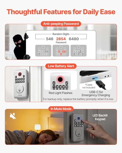 VEVOR Keyless Entry Door Lock, Electronic Deadbolt with Customizable User Codes, Pioneering Easy-Grip Design, Keyed Entry, Auto Lock, Anti-Peeking Password, Backlit Keypad, for Home, Apartment, Silver