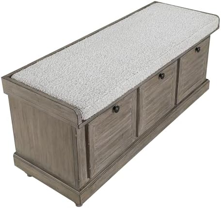 OSP Home Furnishings Dover Coastal Lift-Top Storage Bench with Shutter Face Styling, Goldstone Finish with Salt and Pepper Cushion