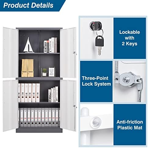 PEUKC Metal Storage Cabinet with Adjustable Shelves & Locking Doors, Tool Cabinets for Garage, Office, Home, School, Gym Storage (White Grey, 31.5" W x 15.7" D x 71" H - C)