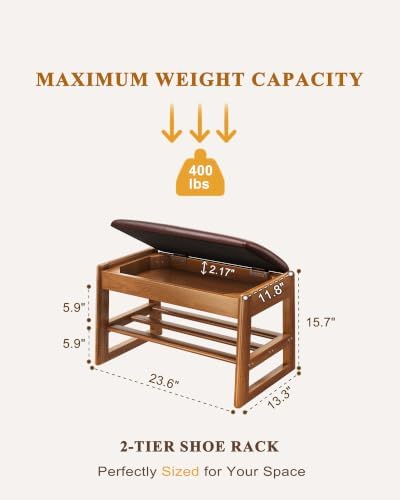 Shoe Rack Bench with Hidden Storage, 2‑Tier Solid Rubberwood Entryway Bench