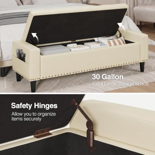60" Storage Ottoman Bench, Faux Leather Upholstered Bed Bench, Cream White