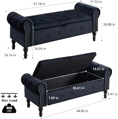 Storage Bench 51" Velvet End of Bed Benches Black