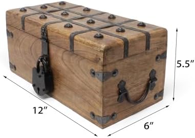 Nautical Cove Treasure Chest Wooden Box with Antique Iron Lock and Skeleton Key (Medium 12.5x6x5.5) - Storage and Decor – Pirate Chest, Decorative Storage Chest with Hinged Lid, Wood Treasure Box