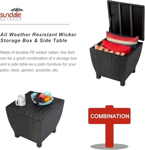 Sundale Black Wicker Storage Box, 13 Gallon Outdoor Deck Bin with Lid